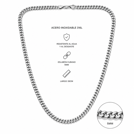 Cadena Miami Cuban Silver 5mm - Acero 316L