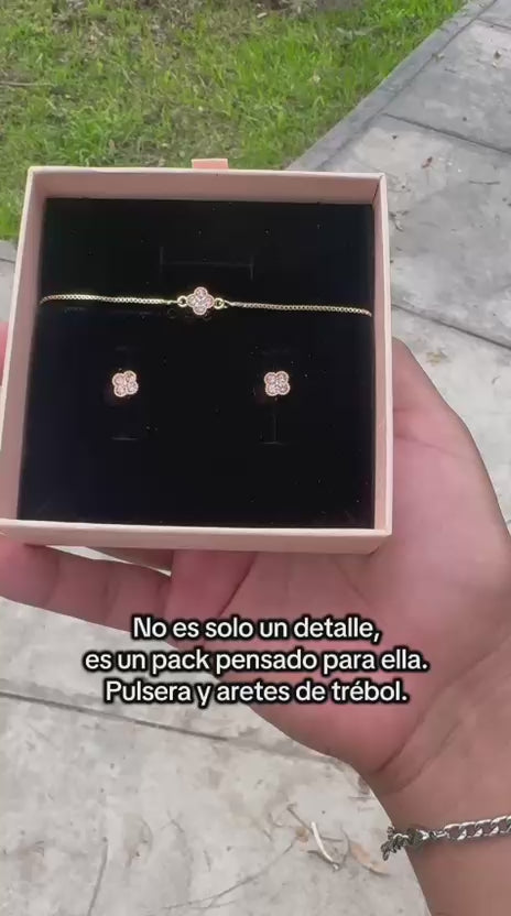 Pack - Trebol Rosa (Pulsera + Aretes)